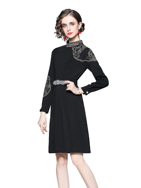 Fancy Long Sleeves Satin Slip DressEterna Long Sleeves Knee Length Elegant Black Cocktail Dress