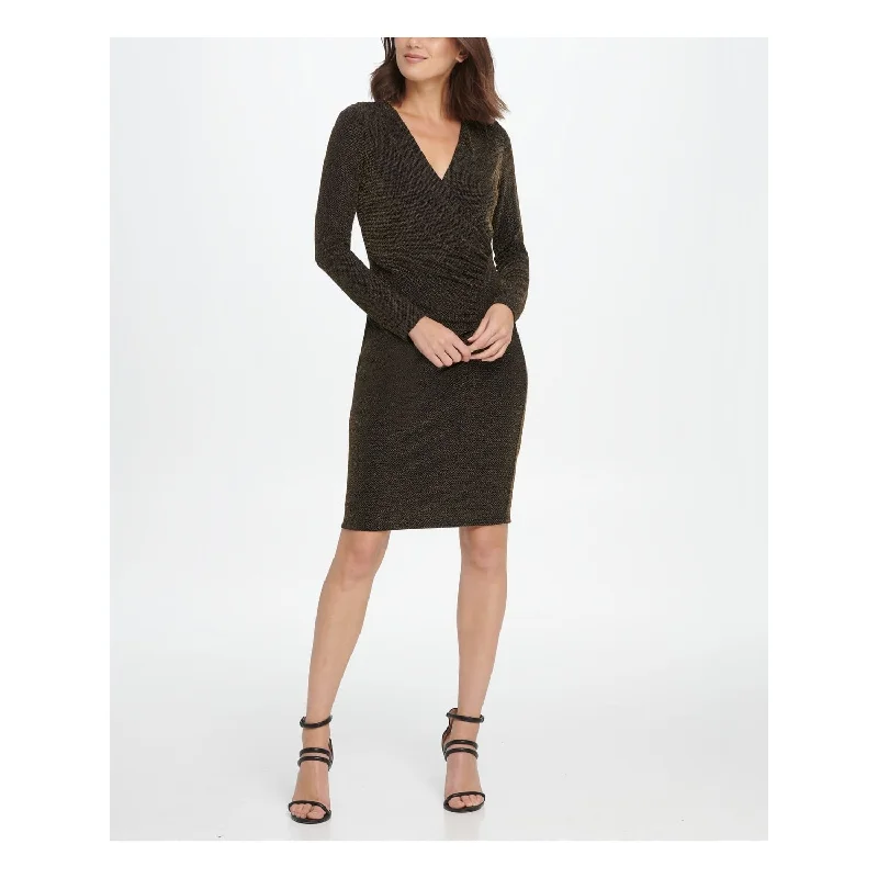 Formal Long Sleeves Cocktail GownDKNY Women's Long Sleeve Above the Knee Sheath Cocktail Dress Black/Gold Size 4