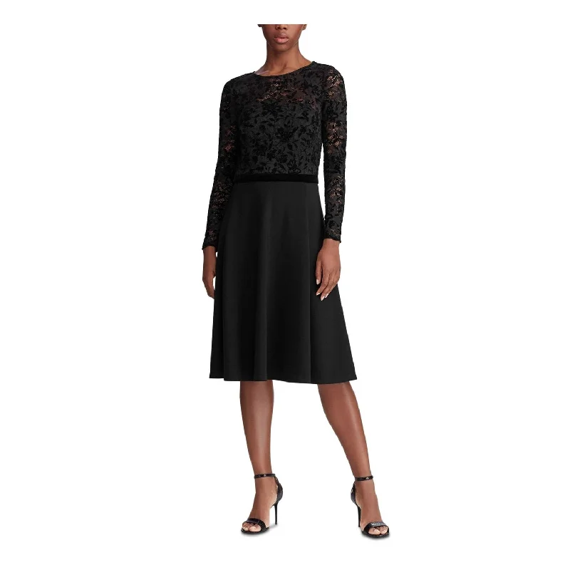 Flowing Long Sleeves Prom DressRalph Lauren Women's Embroidered Lace Floral Long Sleeve Jewel Neck Below the Knee Wear to Work Fit Flare Dress Black Size 14