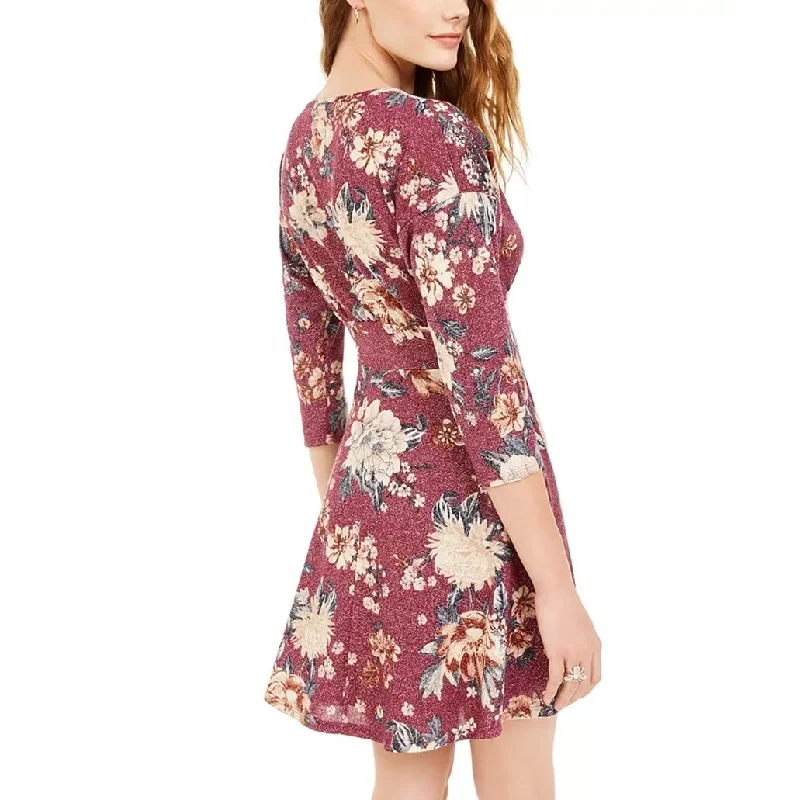 Formal Long Sleeves Sheath DressBe Bop Women's Purple Floral Long Sleeve Crew Neck Short Fit + Flare Dress Purple Size Medium