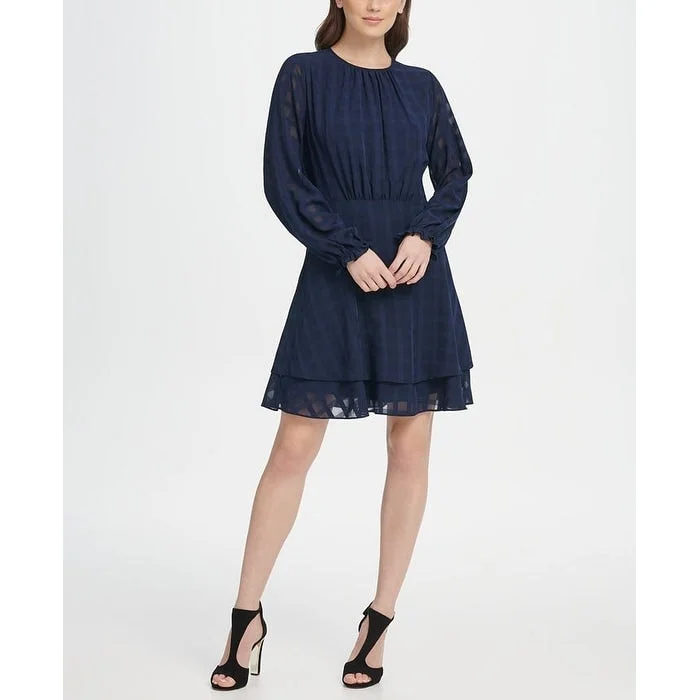 Fabulous Long Sleeves Party DressDKNY Women's Long Sleeve Double Layer Skirt Dress Blue Size 16