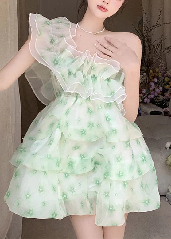 chic midi dressesDIY Green Slash Neck Print Tulle Mid Dress Summer