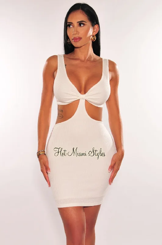 high-slit Mimi dresses for a bold lookWhite Ribbed Sleeveless Knotted Cut Out Mini Dress