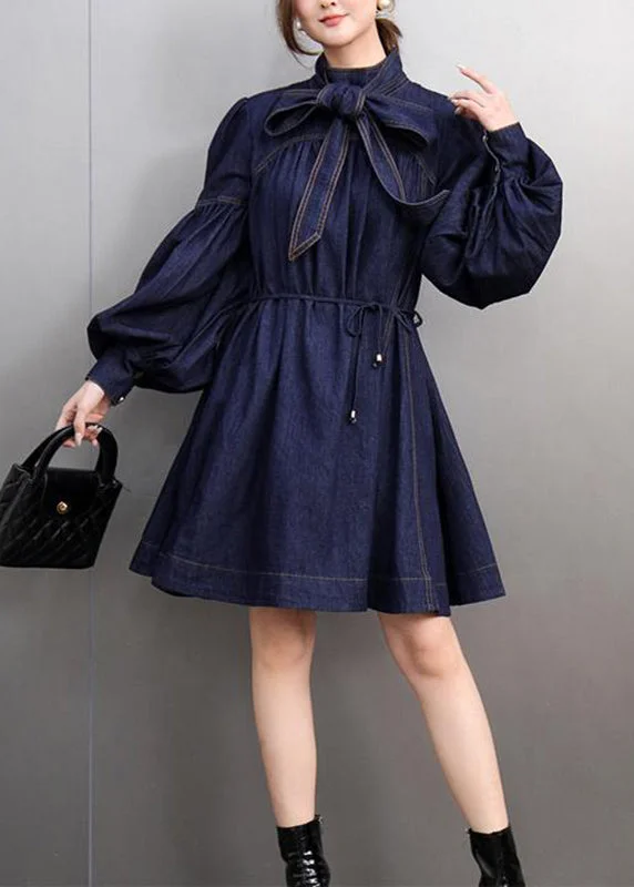 midi ballerina dressesNatural Navy Bow Patchwork Denim Mid Dress Lantern Sleeve