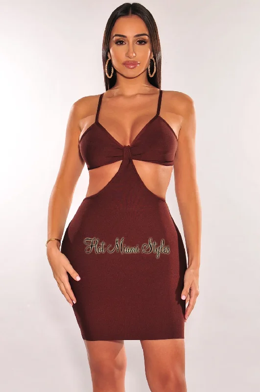 red Mimi dresses for Valentine's DayChocolate Bandage Spaghetti Straps Knotted Cut Out Mini Dress