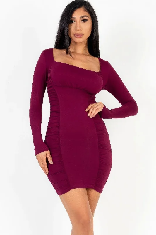 classic Mimi dresses 2023U-neck long sleeve ruched bodycon mini dress