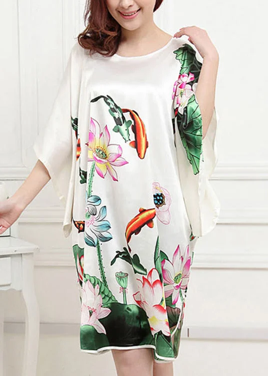 midi dresses for weddingsClassy White O-Neck Lotus Mid Dress Summer Pajamas