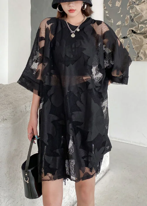 high-slit midi dressesPlus Size Black Embroideried Hollow Out Patchwork Lace Mid Dress Half Sleeve