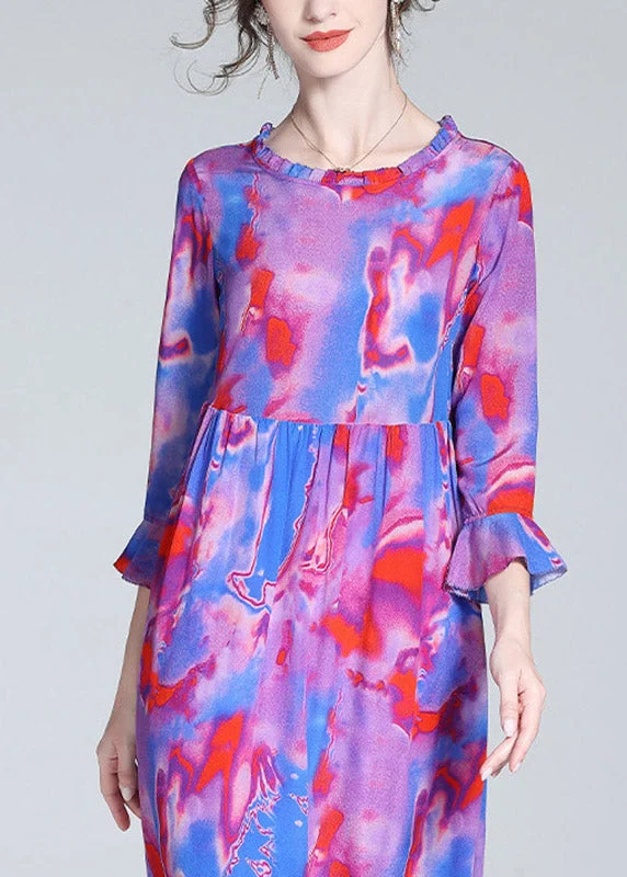 vintage midi dressesModern Purple O-Neck Ruffled Print Cinched Silk Mid Dress Flare Sleeve