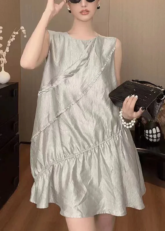 casual midi dressesNew Grey O Neck Solid Cotton Mid Dress Sleeveless