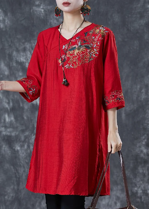 maxi-length midi dressesWomen Red Embroidered Linen Mid Dresses Summer