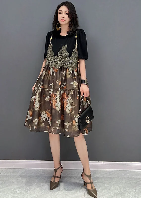 lightweight midi dressesUnique Brown O-Neck Embroideried Patchwork Print Mid Dress Short Sleeve