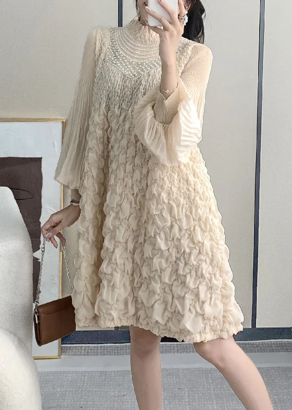 two-piece midi dressesFrench Beige Stand Collar Wrinkled Nail Bead Mid Dress Lantern Sleeve