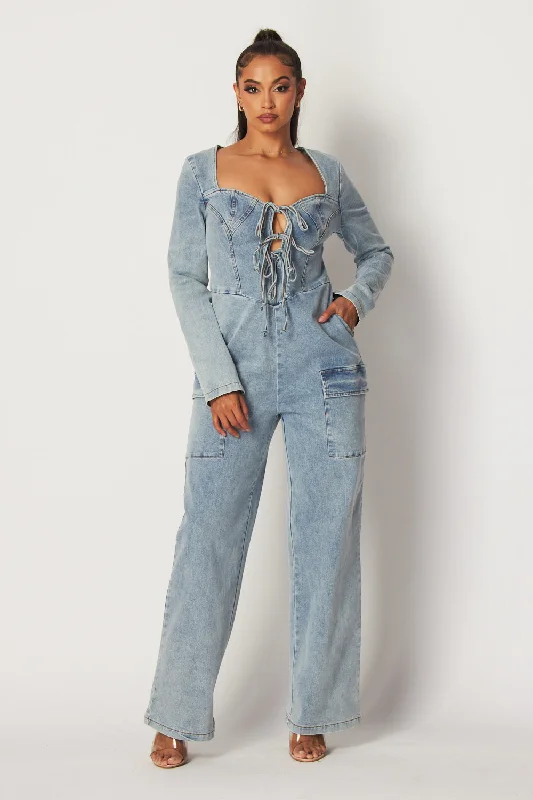 women's jumpsuits for curve-hugging stylesDebbie Front Tie Long Sleeve Denim Jumpsuit