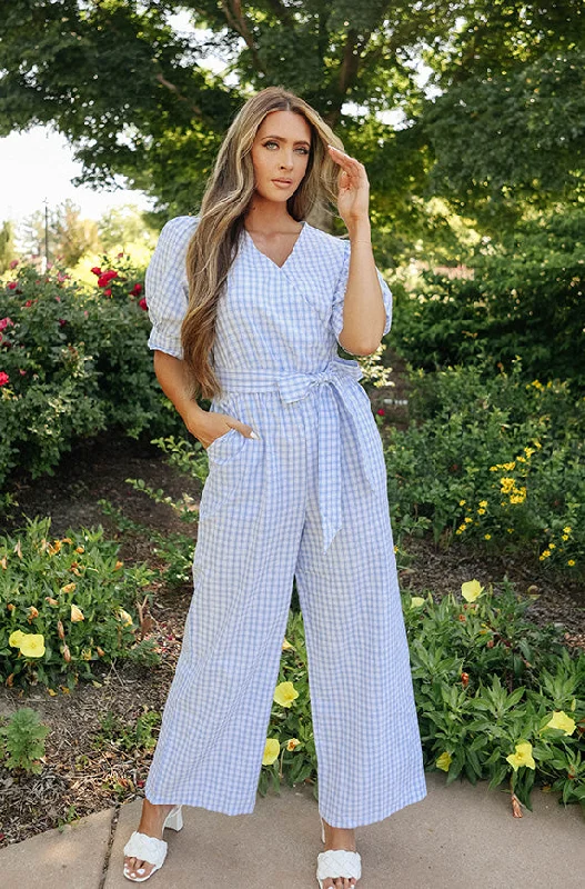 women's jumpsuits with Peter Pan collarsInverness Blue Gingham Jumpsuit- DM Exclusive - Nursing Friendly - FINAL SALE