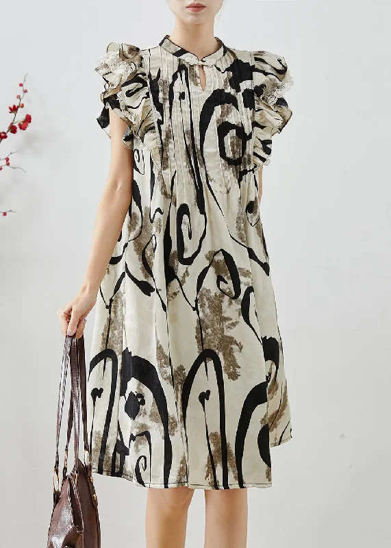 women's midi dressesElegant Print Wrinkled Chiffon Mid Dress Butterfly Sleeve