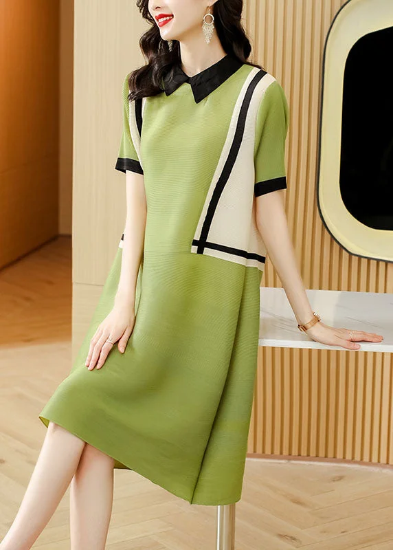 stylish midi dressesFrench Green Peter Pan Collar Patchwork 2024 Mid Dress Short Sleeve