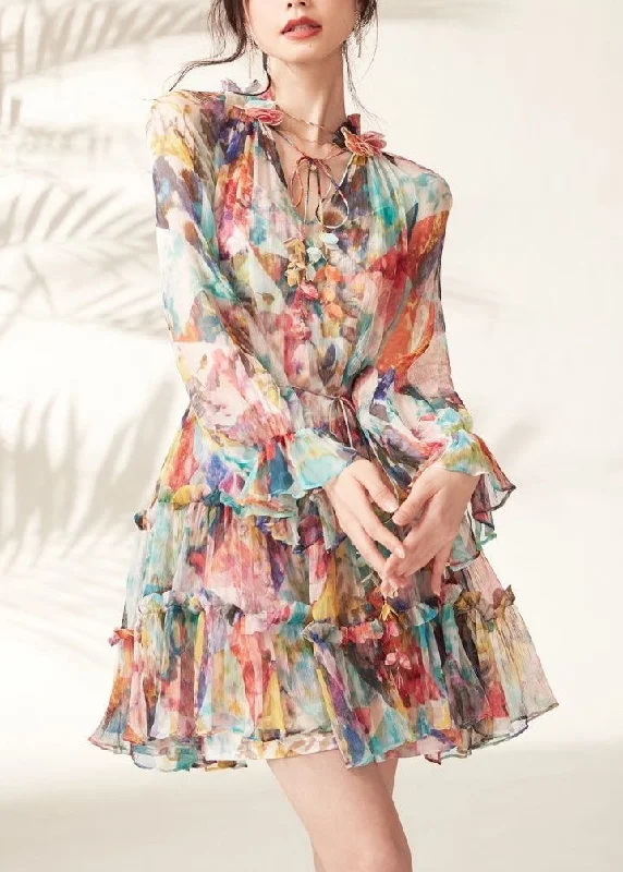 midi dresses with lace detailsFashion Rainbow Print Ruffled Lace Tie Mid Dresses Spring