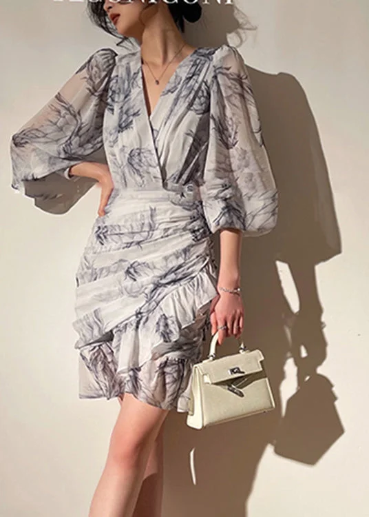 waist-cinching midi dressesFrench V Neck Asymmetrical Print Chiffon Mid Dress Long Sleeve