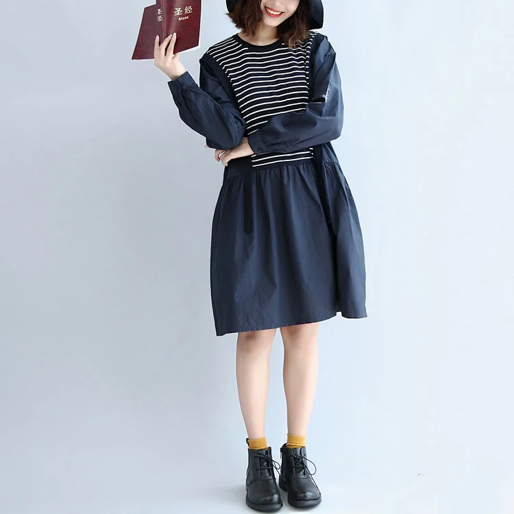 flowy midi dressesautumn cotton patchwork knit striped dresses oversize elastic waist long sleeve mid dress