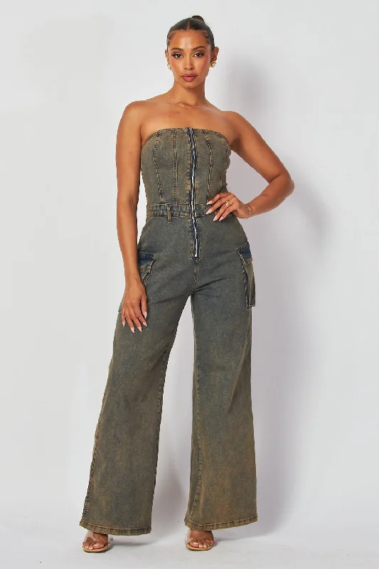 women's jumpsuits for ethical manufacturingQueen Bee Strapless Tube Straight Leg Denim Jumpsuit