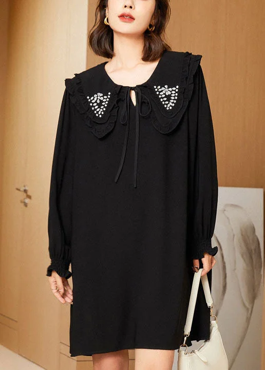 short sleeve midi dressesCasual Black Double-Layer Collar Lace Up Cotton Mid Dress Spring