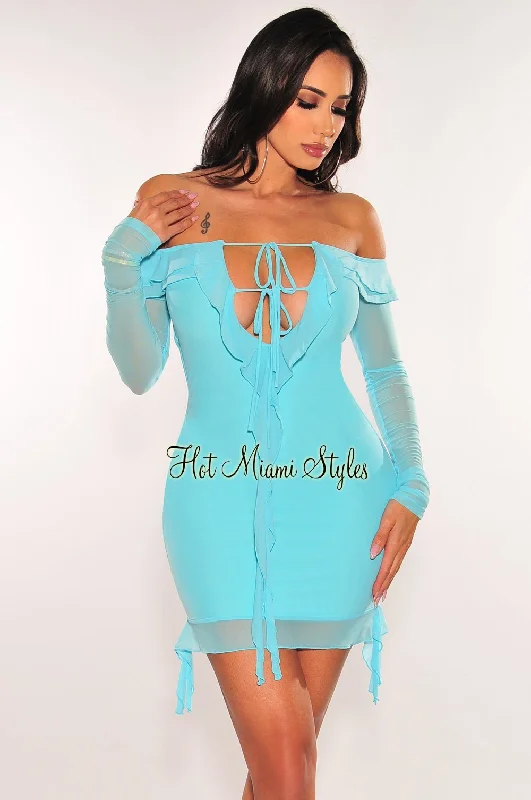 women's Mimi dresses with adjustable strapsTurquoise Mesh Off Shoulder Tie Up Long Sleeve Ruffle Mini Dress