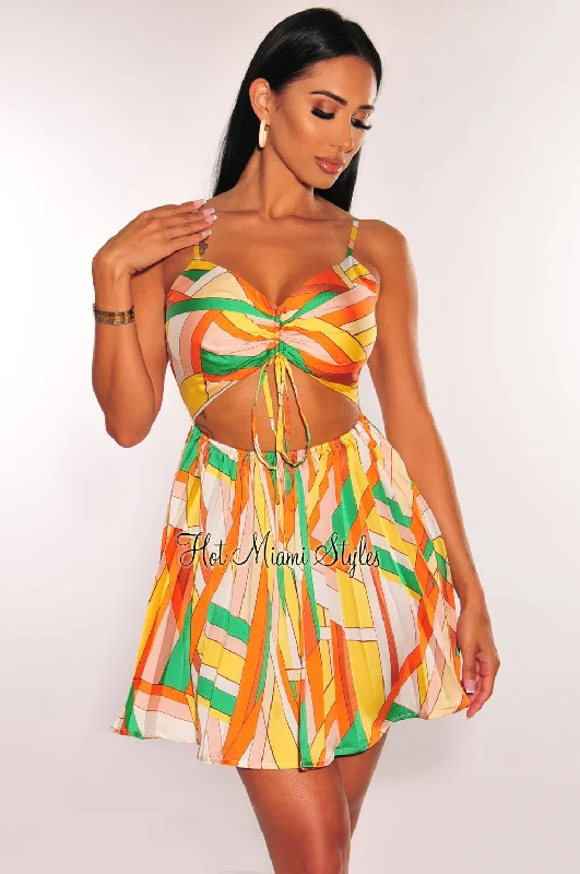 discount plus-size Mimi dresses for curvesYellow MultiColor Print Spaghetti Strap Ruched Cut Out Pleated Mini Dress