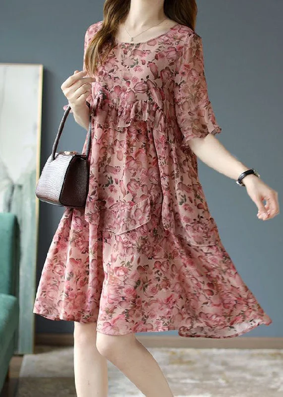 long-sleeved midi dressesModern Red Ruffles Print Slim Fit Chiffon Mid Dresses Summer