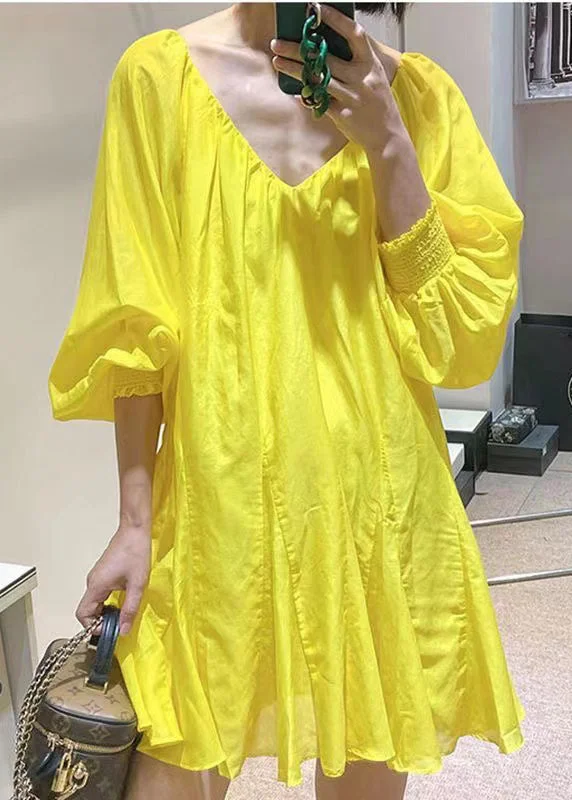 work-appropriate midi dressesFrench Yellow V Neck Sexy Cotton Mid Dress Spring