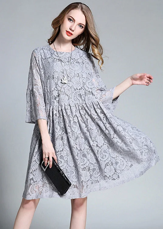 midi dresses for partiesFrench Grey O-Neck Hollow Out Lace Mid Dress Bracelet Sleeve