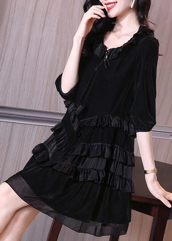 maxi-length midi dressesItalian Black Ruffled Lace Up Patchwork Velour Mid Dress Half Sleeve