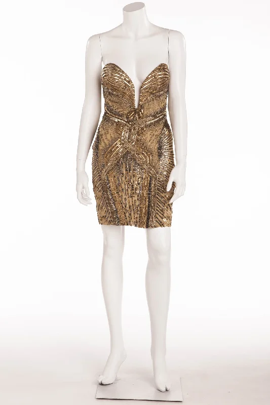 sleek mini Mimi dresses for modern styleRoberto Cavalli - Gold Strapless Embellished Mini Dress -