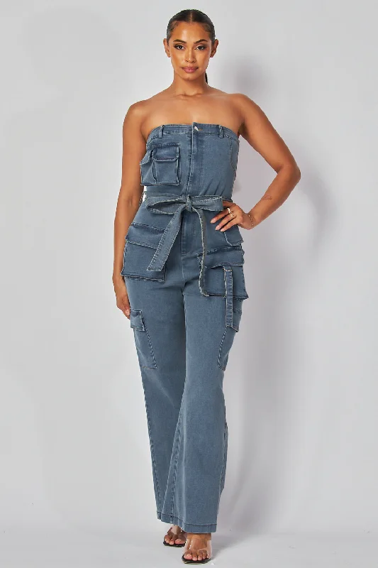 women's jumpsuits for fair-trade practicesGwen Belted Cargo Sleeveless Denim Tube Jumpsuit