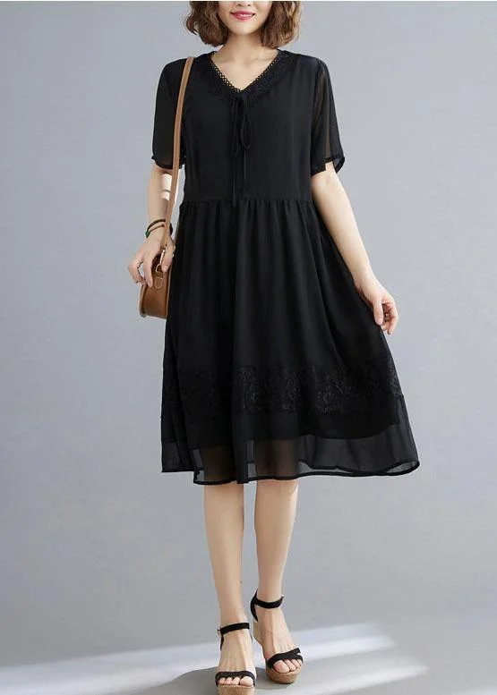 lined midi dressesCasual Black Patchwork Lace V Neck Mid Dress Summer Chiffon Dress