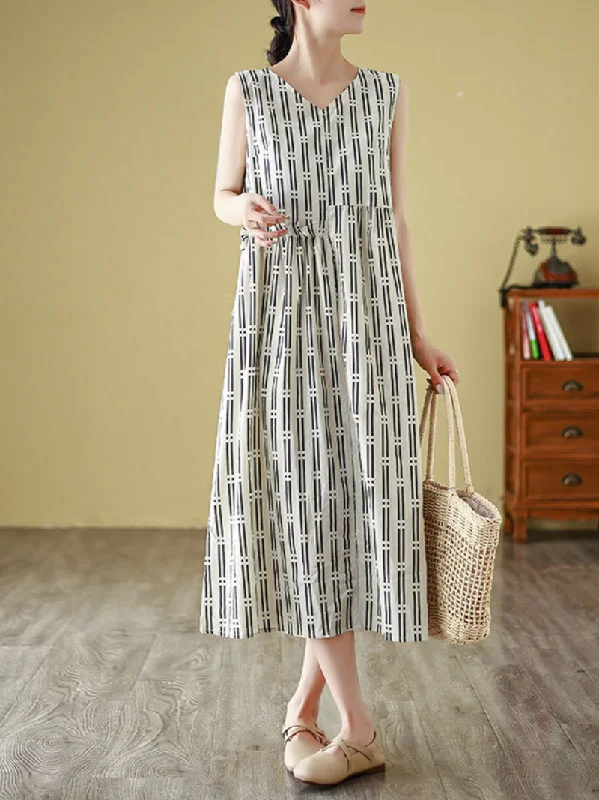 midi dresses with lace detailsWomen's Elegant Striped Printed Mid-Length A-line Dress