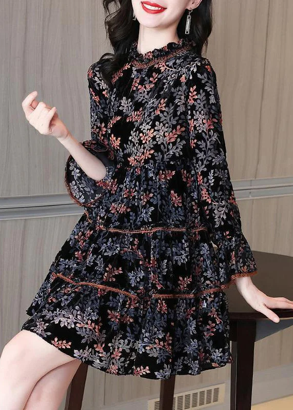 lace-trimmed midi dressesFrench Black Ruffled Print Silk Velour Mid Dress Spring