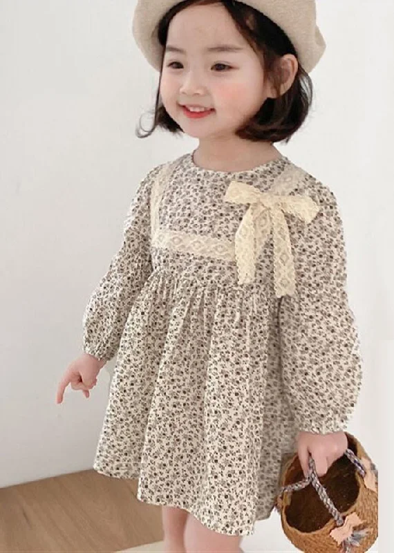 off-the-shoulder midi dressesCute O-Neck Print Lace Patchwork Bow Girls Mid Dress Long Sleeve