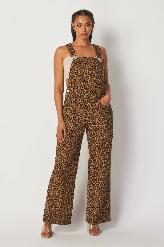 women's jumpsuits for bohemian chicKayleigh Leopard Print Straight Jumpsuit Overalls