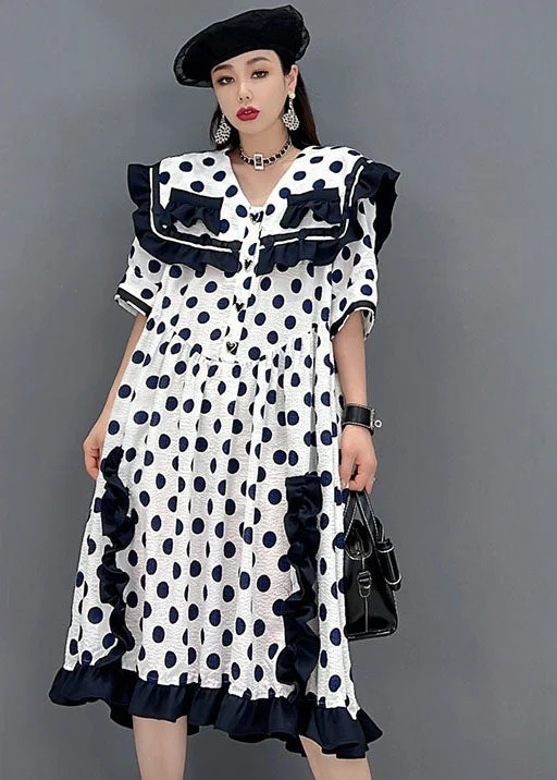 waist-cinching midi dressesChic White Sailor Collar Ruffled Patchwork Dot Print Mid Dresses Short Sleeve