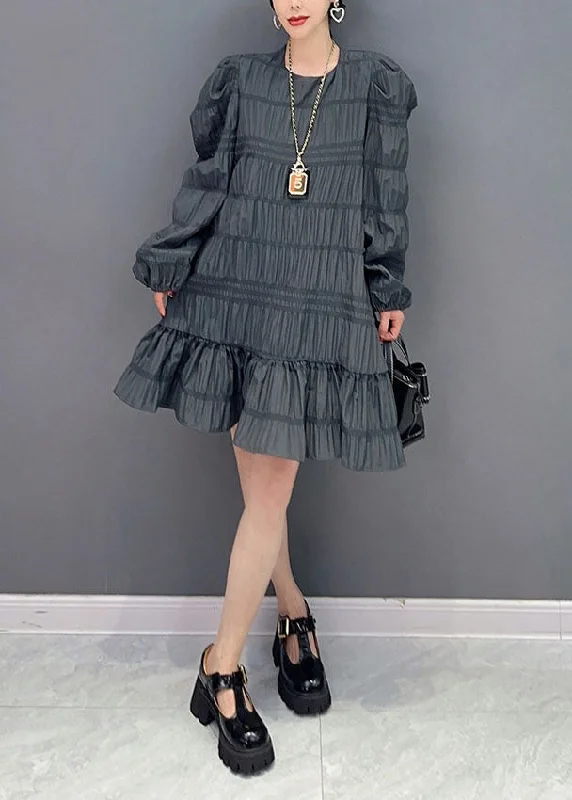 long midi dressesModern Grey Patchwork Ruffles Cotton Mid Dress Puff Sleeve