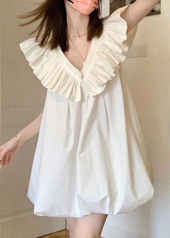 cotton midi dressesCute White V Neck Ruffled Mid Dress Short Sleeve