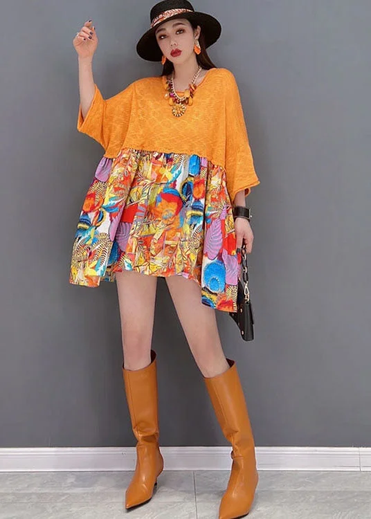 long midi dressesModern Orange O-Neck Patchwork Print Loose Mid Dress Bracelet Sleeve