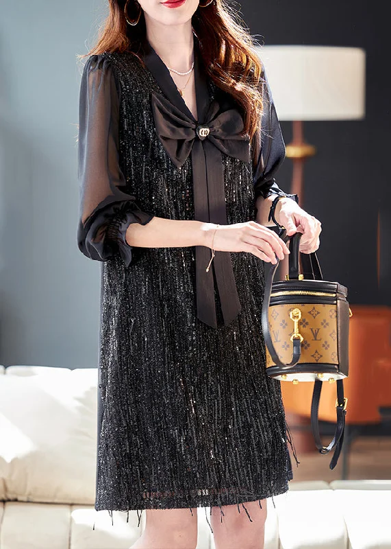 comfortable midi dressesArt Black Bow Patchwork Sequins Chiffon Mid Dress Spring