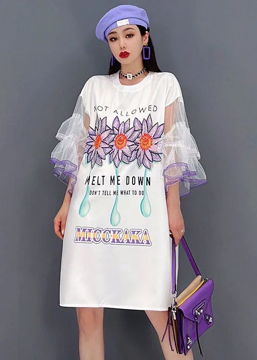 sleeveless midi dressesUnique White O-Neck Tulle Original Print Patchwork Mid Dress Flare Sleeve