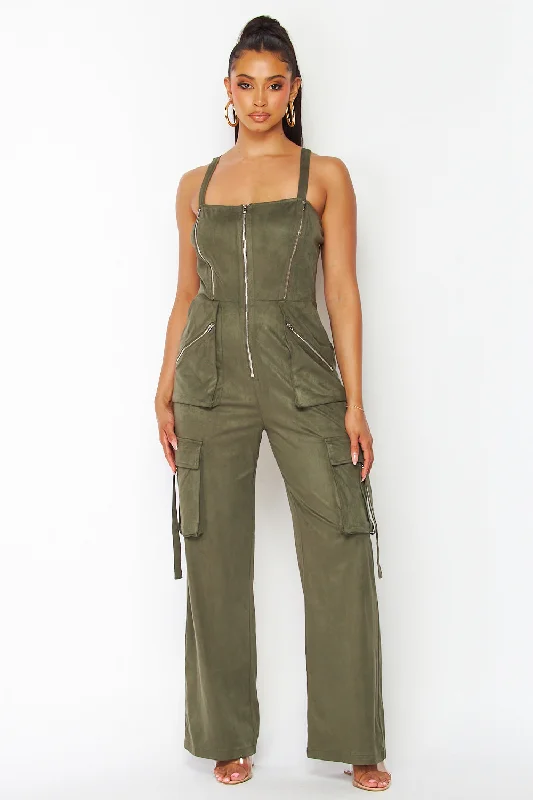 women's glam jumpsuitsRuth Suede Sleeveless Straight Leg Cargo Jumpsuit