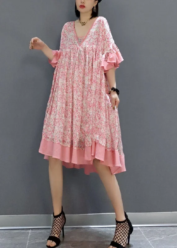 satin midi dressesFrench Pink Print Exra Large Hem Chiffon Mid Dress Summer