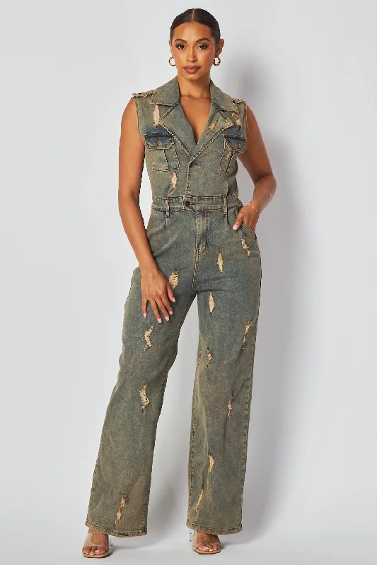 women's jumpsuits for lightweight designsLeanne Sleeveless Cargo Grunge Denim Jean Jumpsuit