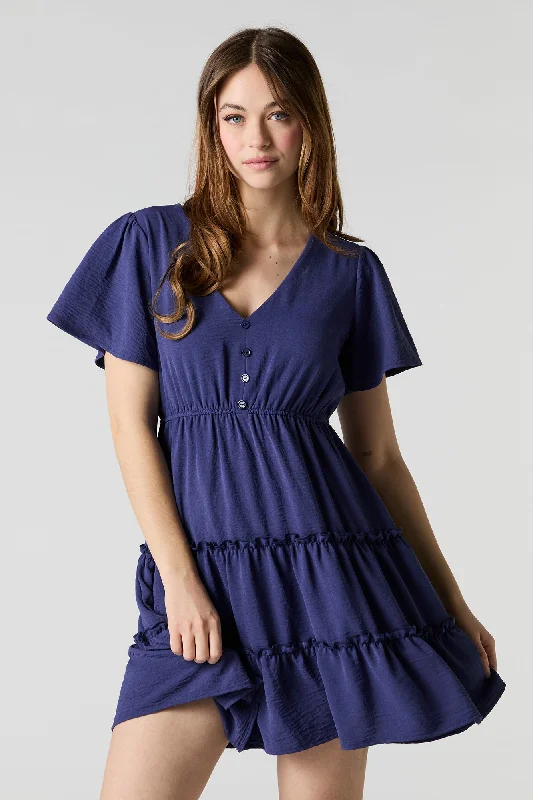 maxi Mimi dresses with pocketsButton Front Short Sleeve Tiered Mini Dress