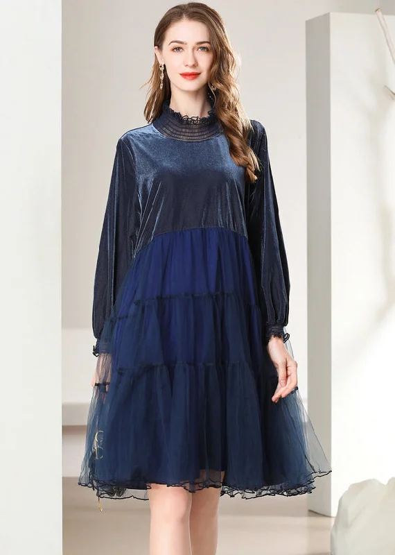 stretch midi dressesFrench Navy Ruffled Patchwork Tulle Silk Velour Mid Dress Spring